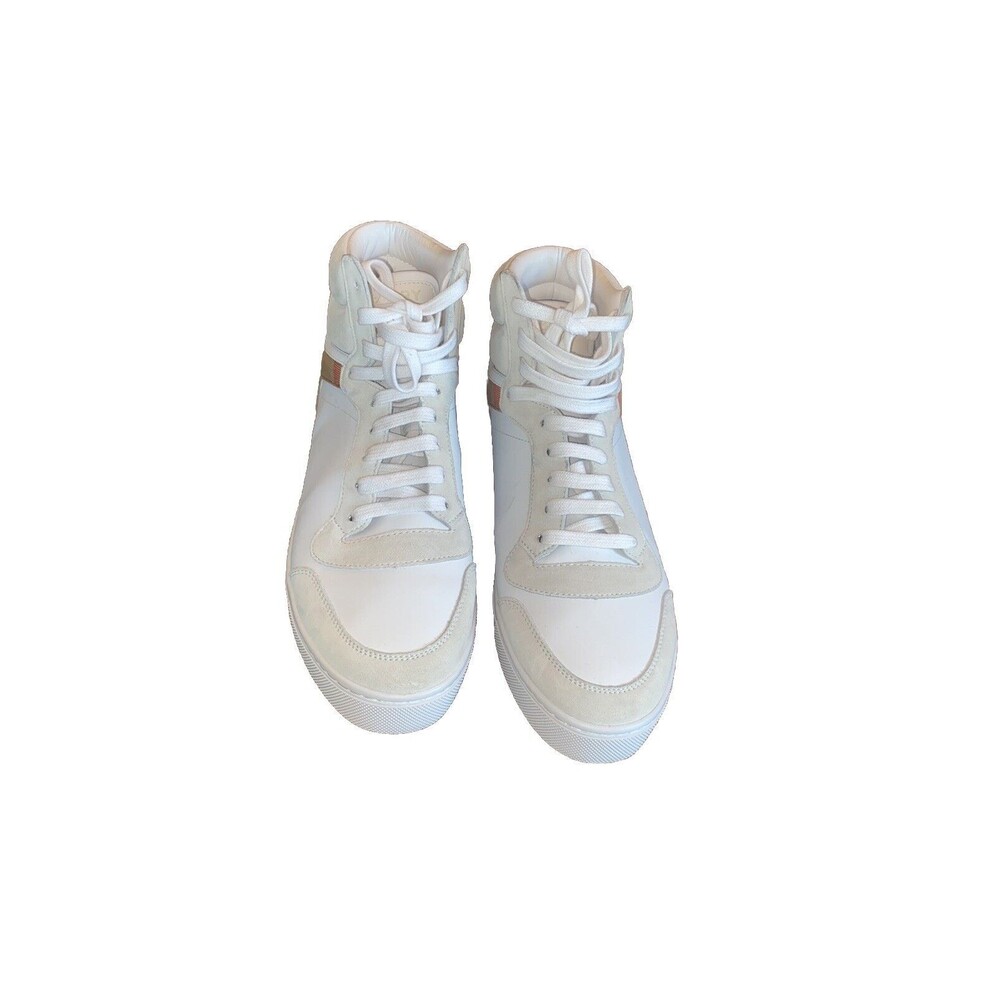 Burberry - Men's Reeth Leather House Check High-Top Sneakers White Size 12 - Picture 5 of 16